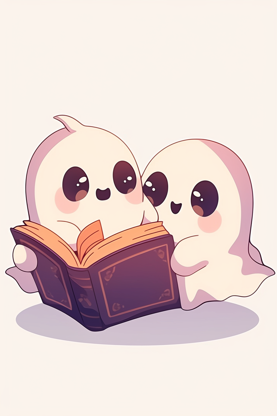 cute halloween drawings for kids showing two adorable ghosts sharing a story from a big, old book.